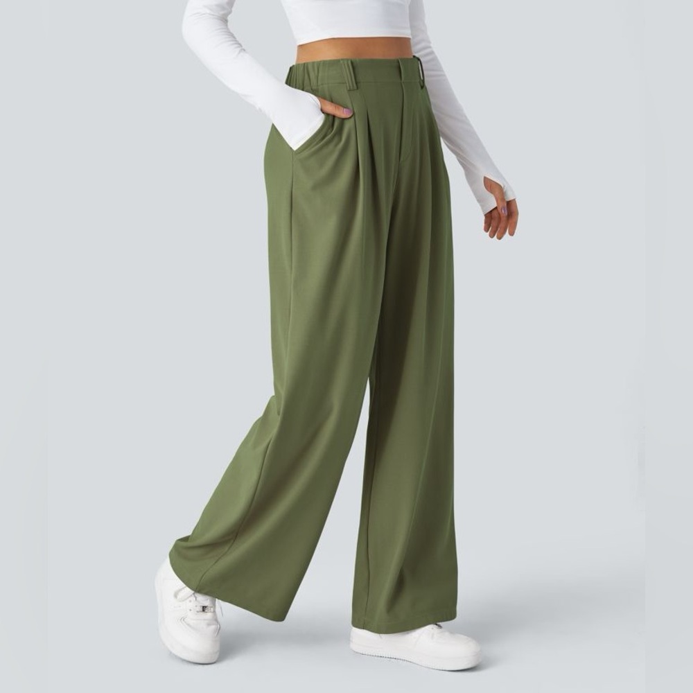 Halara Flex™ High Waisted Pocket Wide Leg Waffle Work Pants Trousers Green